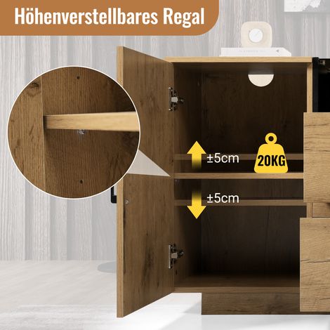Commode/buffet effet chêne avec 2 tiroirs + 2 placards (hauteur réglable à l'intérieur) et compartiment ouvert - verre trempé de sécurité et poignées noires, H 70/L 140/P 40 cm (1/5)