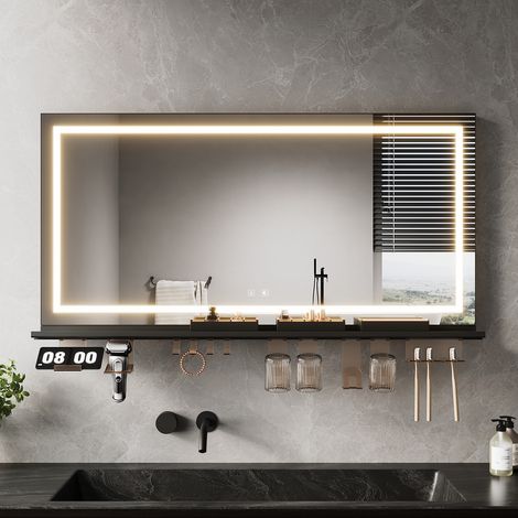 SONNI Modern LED Badspiegel mit Beleuchtung, Antibeschlag, Schwarze Ablage und Dimmbarer 3-Farben Beleuchtung, 1200x600mm