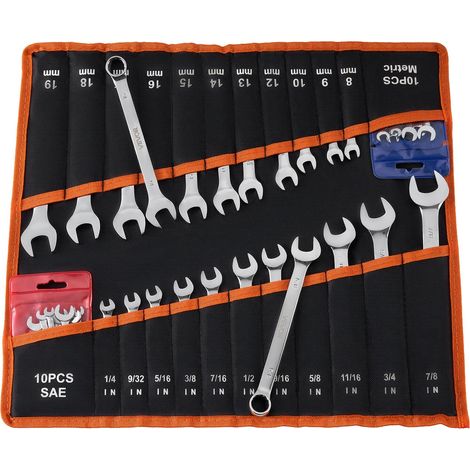 Jeu de Clés Mixtes 42PCs, Clé Polygonale à Fourche SAE et Métrique, pour Réparation Domestique et Automobile, Extrémité Œil 12 Pans et Plate, en Acier au Carbone, avec Trousse Enroulable (1/5)