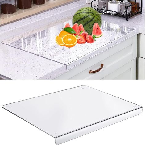 Planche à découper 45 cm x 35 cm en acrylique avec bord de butée, transparent, 5 mm, qualité alimentaire, antidérapant, protection des bords (1/5)