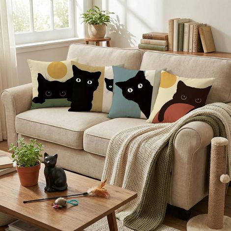JSSEVN - Cushion Cover 45x45 cm, Set of 4 Cushion Covers, Black Cat Cartoon Style, Decorative Square Linen Pillowcase for Sofa, Home (1/5)