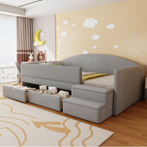 Letto imbottito 201x98.5x69.5 cm con due cassetti, gradini antiscivolo, velluto, Aqua Grey (1/5)