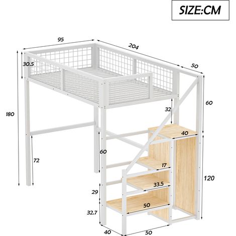 Hochbett 90 x 200 cm mit Leiter und Stauraum, Metallrahmen, Weiß (1/2)