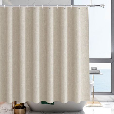 Rideau de Douche 180 x 200 cm Faux Lin Beige, étroit Rideau de Bain Tissu Textile déperlant, Lavable en Machine, Largeur 180 x Hauteur 200 cm (1/5)