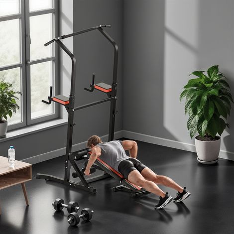 Power Tower Pieghevole, Stazione Fitness Multifunzione Regolabile in 7 Posizioni con Sbarra Trazioni, Dip Station, Pull UP Station e Panca Piana in Acciaio, per Home Gym Casa, Portata 150kg