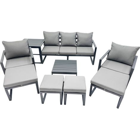 Fimous Outdoor Garden Furniture Set Aluminium Lounge Sofa Square Coffee Table Sets with 4 Stools Side Table Dark Grey (1/4)