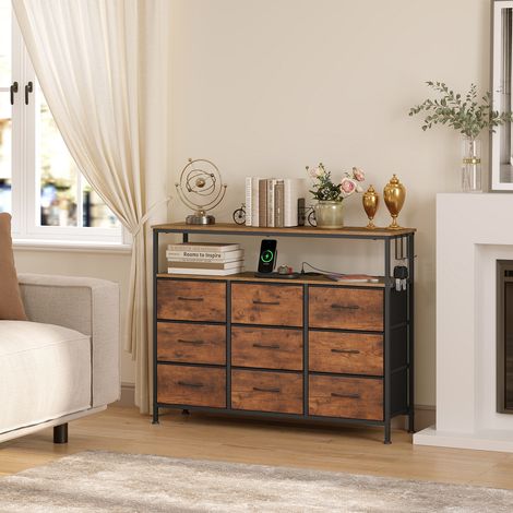 WOLTU Kommode mit 9 Schubladen, Sideboard mit LED und Steckdosen, Schubladenschrank für Wohnzimmer Schlafzimmer Flur, Rustikales Braun Schwarz (1/5)