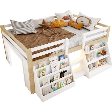 Lit mezzanine enfant 140x200 cm en pin blanc et naturel avec LED, étagères, rangement, garde-corps et échelle (1/5)