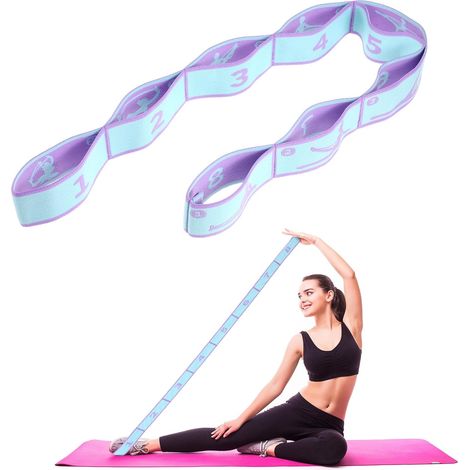 Bande élastique de yoga, bande d'étirement à 8 boucles, bande de fitness, bande de résistance, bande de gymnastique, élastique, pour pilates, danse, gymnastique, étirement efficace (bleu violet) (1/5)