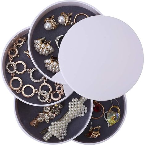 MINKUROW Runde Schmuckschatulle, Turm-Kosmetik-Organizer, 4-stöckige drehbare Schmuckschatulle, Schmuckaufbewahrung für Ringe, Ohrringe, Halskette, Frauen, Mädchen, Geburtstagsgeschenk, weiß (1/5)