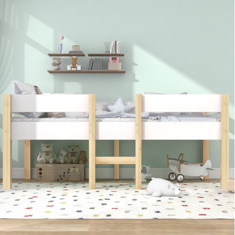 Lit enfant mi-hauteur en bois massif pin et MDF blanc 90x190 cm, avec barrières de sécurité et sommier inclus (1/5)