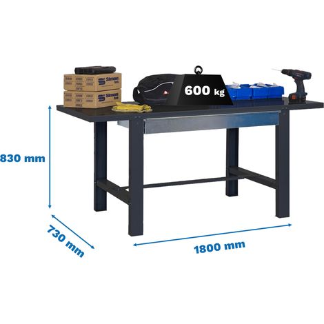 SimonRack Banco da Lavoro con Cassetto Telescopico a Chiusura Ammortizzata – Piano in Metallo 35 mm – Portata 600 kg – 830x1800x730 mm – Tavolo Fai da Te – Antracite – BT-6