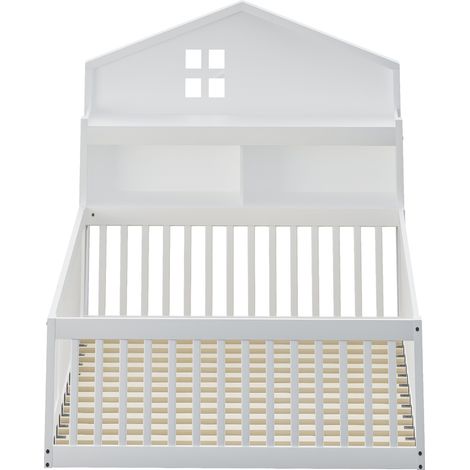 Lit cabane 140x200, lit enfant en bois massif avec barrière de sécurité, porte, tableau noir et rangements, sommier inclus, blanc. (1/5)