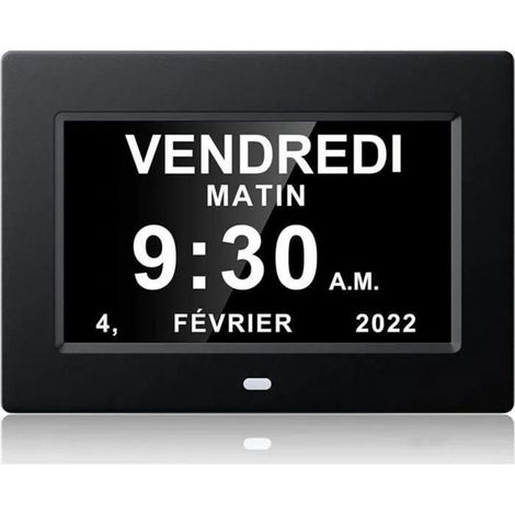 Horloge calendrier numérique- 7 pouces - Affichage clair - Idéale Alzheimer - Design contemporain