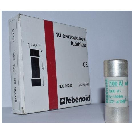 Fusible 100A cartouche 22X58mm aM usage industriel (boite de 10) HPC 120kA 500V avec percuteur EBENOID 060590 (1/2)