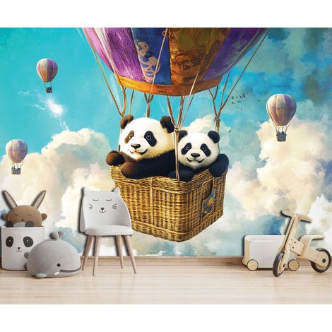 Vlies Fototapete Kinderzimmer 150x105 cm Tiere Pandas - Fototapeten Tapeten für Kinder Mädchen & Jungen - Kindertapete - Kinderzimmertapete Wolken Himmel Ballon, WallArena (1/4)