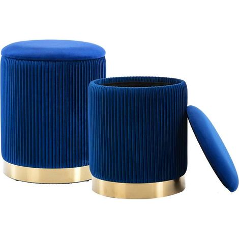 Set 2 Pouf Contenitore Blu Velluto Sgabello Poggiapiedi Rotondo Portata 120kg (1/5)