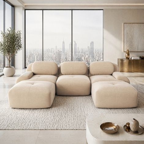 Canapé d'angle en U modulable 3 places – Velours côtelé Beige –Accoudoirs ergonomiques – 32D Hautement élastique – Repose-pieds amovibles (1/5)