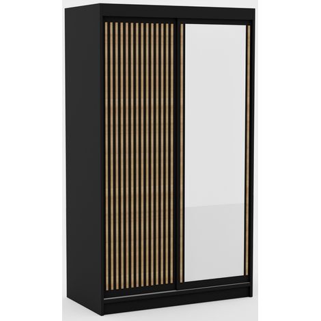 Armoire coulissante BIZEN avec lames décor bois et miroir – Moderne et chaleureux 120 cm-Noir/Beige-Largeur 120 cm (1/5)