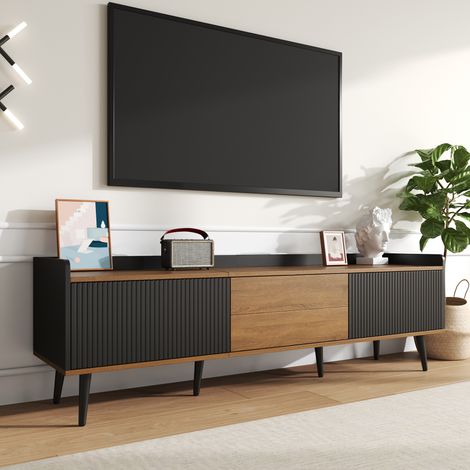 Meuble TV bas 160x39x49,5 cm – 3 portes, compact, bois noir & naturel