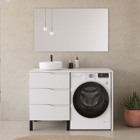 Meuble lave linge 124cm avec plateau et vasque ronde - 3 tiroirs - blanc - SANTA (1/5)