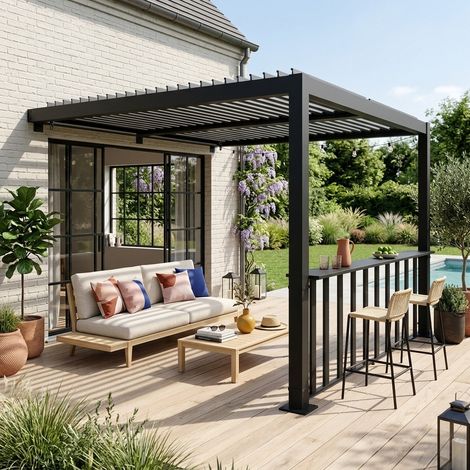 Pergola bioclimatique aluminium adossée 3x3m anthracite + 1 bar 3m Palace (1/5)