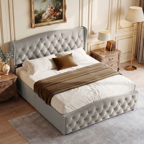 BLANKETSWARM - Lit coffre 160 x 200 cm avec sommier, lit double 160x200 cm - tête de lit à lignes ondulantes - rivets décoratifs - Velours - Gris (1/5)