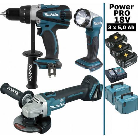 Pack Makita Power PRO 18V: Perceuse 91Nm DDF458 + Meuleuse 125mm DGA504 + Lampe + 3 batt 5Ah + 2 Coffrets Makpac MAKITA (1/4)