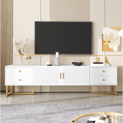 Mobile TV 175x30x46 cm bianco in MDF con 4 cassetti, 2 ante, vano centrale e piedi dorati (1/4)