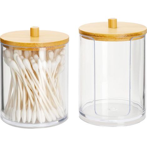 Lot de 2 boîtes à cotons-tiges et distributeurs de coton avec couvercle en bambou, organisateur de maquillage, boîte de rangement transparente pour bâtonnets d'oreille, cotons, bâtonnets de (1/5)