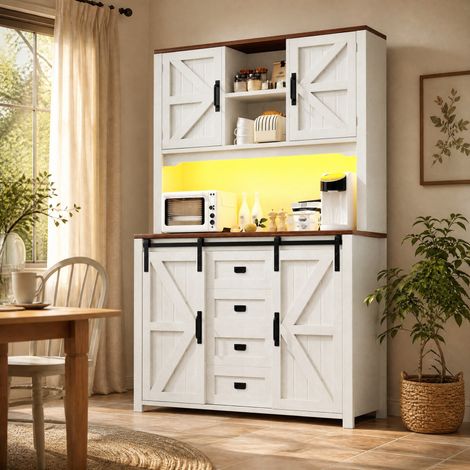 Aparador de cocina alto blanco 115x40x174,7 cm con LED y puertas correderas OKWISH (1/5)