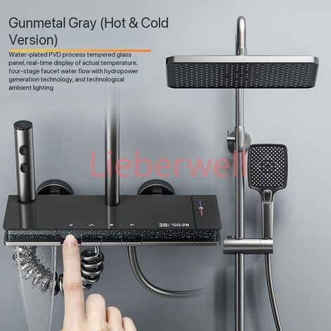 Ensemble complet de douche gris avec boutons piano et éclairage d'ambiance, affichage numérique, système de douche, robinets de pluie et pommeau de douche (1/4)