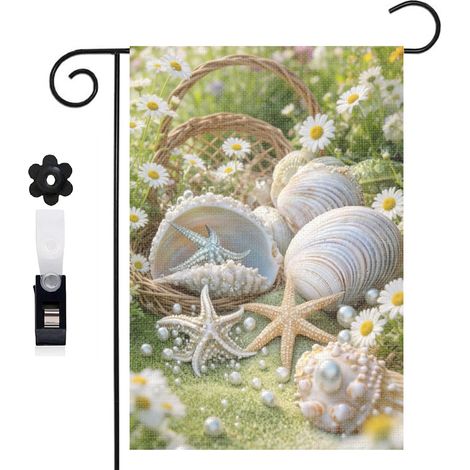 Drapeau de jardin décoratif 30 x 45 cm motif coquillages étoiles de mer et escargots toile double face (1/5)