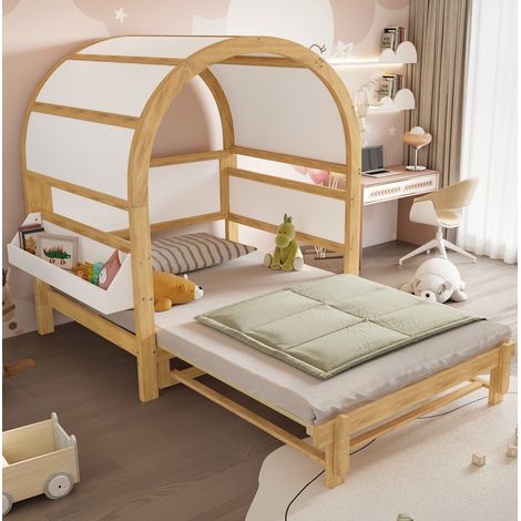 DESVIAE Lit cabane enfant extensible avec lit gigogne et tablette latérale 140 x 200 cm blanc et naturel en pin et MDF avec sommier à lattes design toit voûté pour chambre enfant (1/5)