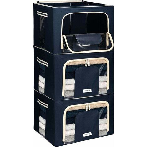 Sac de Rangement Vêtements avec Fermeture Éclair - Housse de Rangement pour Couette, Draps - Stable – Boîtes de Rangement Vêtements Empilables avec Cadre Métallique - Pliables - 3x66L (1/4)