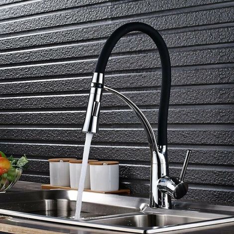 Grifo de cocina con caño giratorio flexible de 360° y manguera de silicona negra. Incluye rociador extraíble y rociador de doble función. Agua fría y caliente disponible. (1/5)