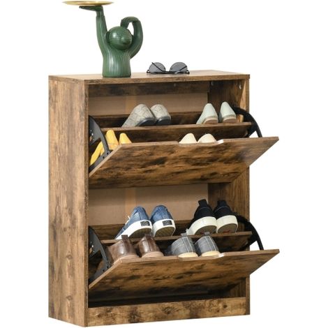 Narrow Shoe Cabinet with 2 Flip Drawers for 12 Pairs, Rustic Brown Freestanding Storage Organizer for Entryway and Hallway