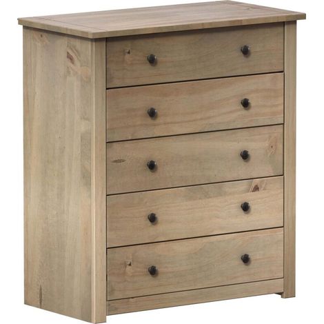 Commode en pin massif 5 tiroirs – Dimensions H 89 x L 80 x P 41 cm – Finition teinte chêne – Rangement élégant pour chambre