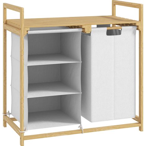 Panier à linge en bambou blanc avec 4 compartiments et 2 sacs amovibles en tissu non tissé, 83L, 70 x 36 x 70 cm (1/5)