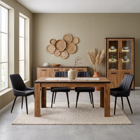 Salle à manger complète industrielle chêne et noir – 3 éléments : table 180x90cm, buffet 210x45cm, vitrine 110x39cm – Fabrication belge – Deladeco (1/5)