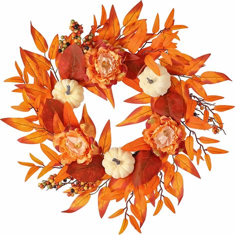 Couronne Décorative Citrouille Feuille D'érable - Décoration Porte Extérieure Mur Intérieur - Automne Halloween Thanksgiving - 1 Pièce (1/5)
