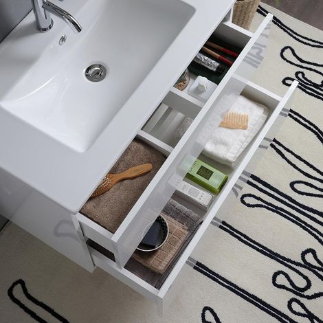 Kiamami Valentina – Meuble de salle de bain suspendu blanc brillant 80cm – 2 tiroirs avec fermeture soft-close – Lavabo en céramique – Miroir 80x60 avec lampe — vue 3