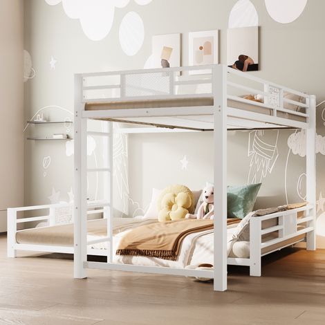 Lit superposé métallique en angle, matelas 90x200 et 140x200 cm, blanc, structure robuste, pour chambre d'enfant ou ado, couchage double (1/5)