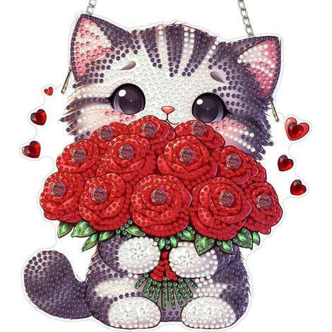 Diamant Painting Anhänger Katze mit Rosen, Fensterbild Bastelset 20x20cm