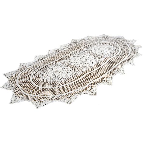Camino de mesa ovalado blanco de ganchillo, 60x120 cm, tapete de algodón trenzado blanco (1/5)