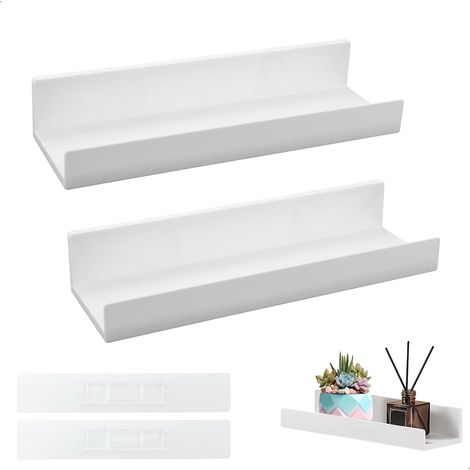 Mensola a muro, Mensola a muro bianca, Mensola a muro senza fori per riporre libri/foto, Mensola sospesa per bagno, Soggiorno, Cucina, Decorazione murale, Set di 2 (1/5)