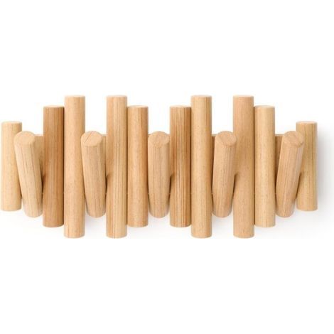 ALLIANDISPatère murale 5 crochets en bois de pin biseauté – Finition naturelle – Dimensions 37,1 x 16,5 x 4,4 cm – Charge 2,25 kg par crochet (1/4)