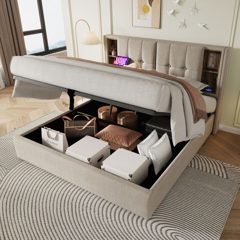 Bett Doppelbett Bettgestell Stauraum 160x200 Leinen OKMYHOME (1/5)