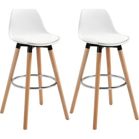 Set aus 2 weißen Barhockern, Hochstühlen in Kunstleder mit Rücken- und Fußstütze, 69 cm gepolsterter Sitz, Holzbeine, modernes Design für Küche und Wohnzimmer