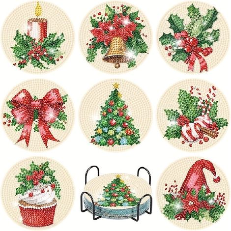 8 sottobicchieri con pittura a diamante 5D, sottobicchieri creativi fai da te con pittura a diamante, decorazioni natalizie, acrilico + cornice in ferro (1/4)